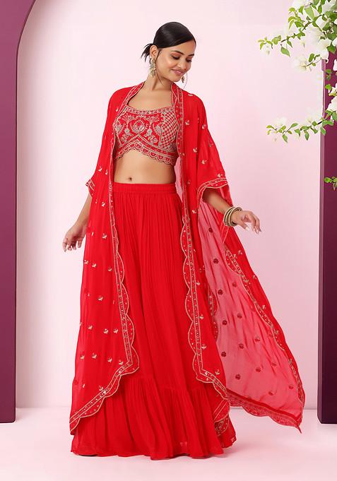 Red Palazzo Set With Zari Thread Embroidered Blouse And Dupatta