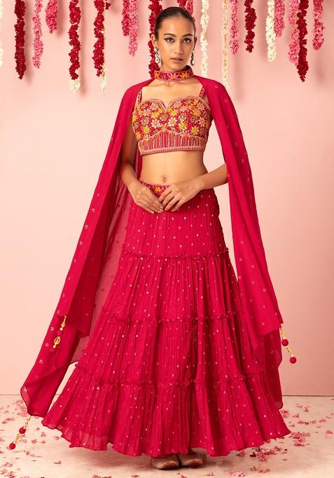 Blush Boota Embroidered Jacket Set With Floral Embroidered Blouse And Dhoti Skirt