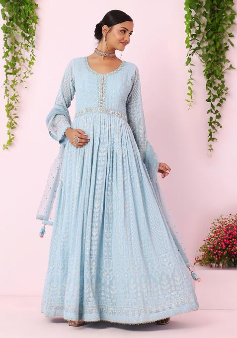 Powder Blue Floral Embroidered Anarkali Kurta With Dupatta And Belt