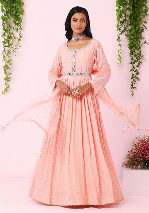 Pastel Pink Floral Embroidered Anarkali Kurta With Dupatta And Belt
