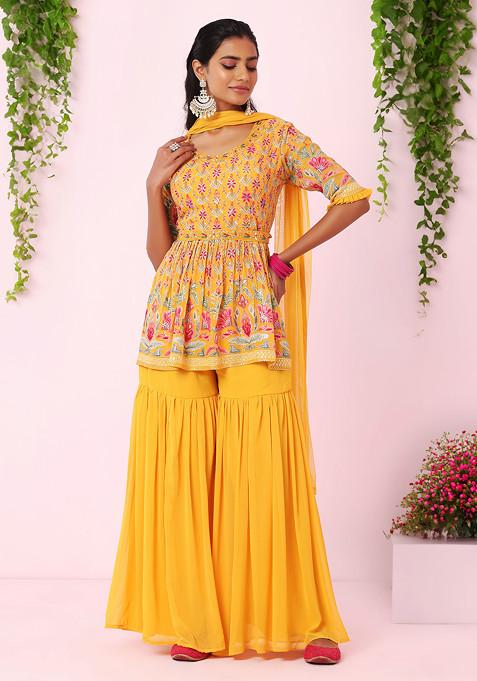 Yellow Sequin Embroidered Kurta And Palazzo Set With Dupatta And Belt