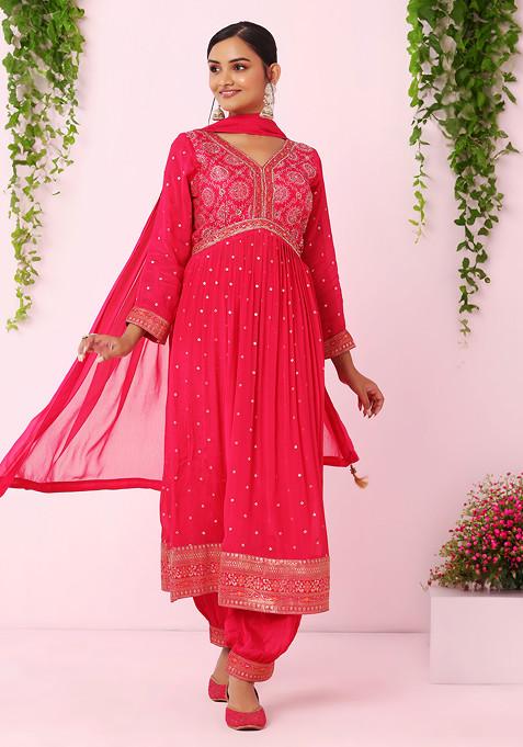 Fuchsia Pink Bandhani Print Embroidered Anarkali Suit Set With Salwar And Dupatta 