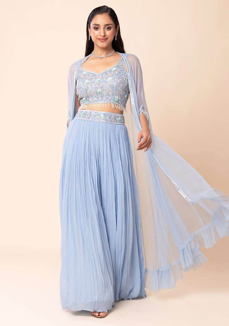 Light Blue Sharara Set With Pearl Embellished Blouse And Mesh Jacket - Indya