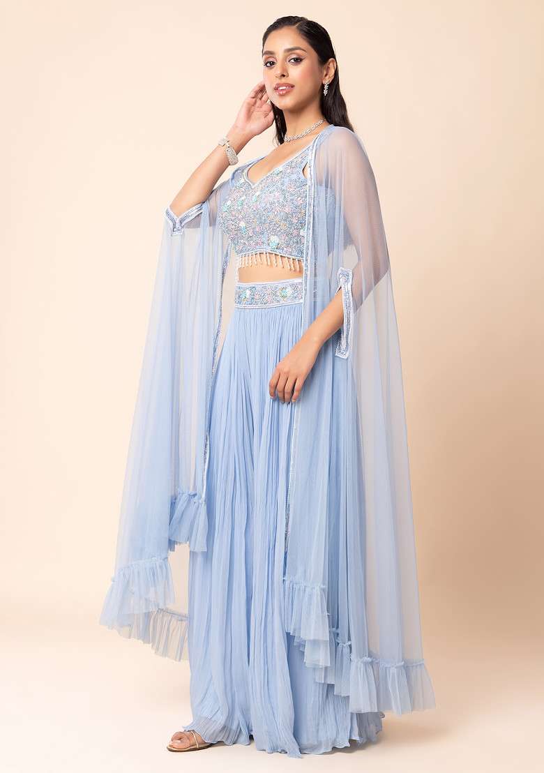 Light Blue Sharara Set With Pearl Embellished Blouse And Mesh Jacket - Indya