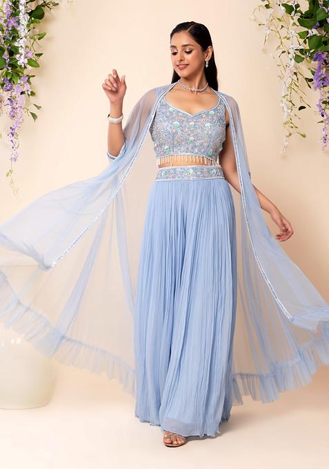 Light Blue Sharara Set With Pearl Embellished Blouse And Mesh Jacket