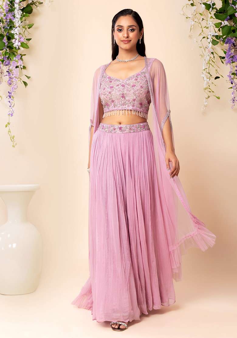 Dull Pink Sharara Set With Pearl Embellished Blouse And Mesh Jacket - Indya