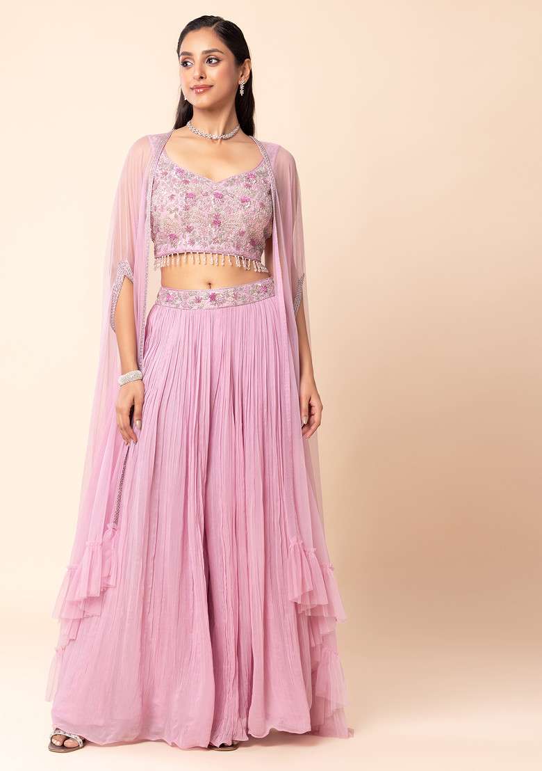 Dull Pink Sharara Set With Pearl Embellished Blouse And Mesh Jacket - Indya