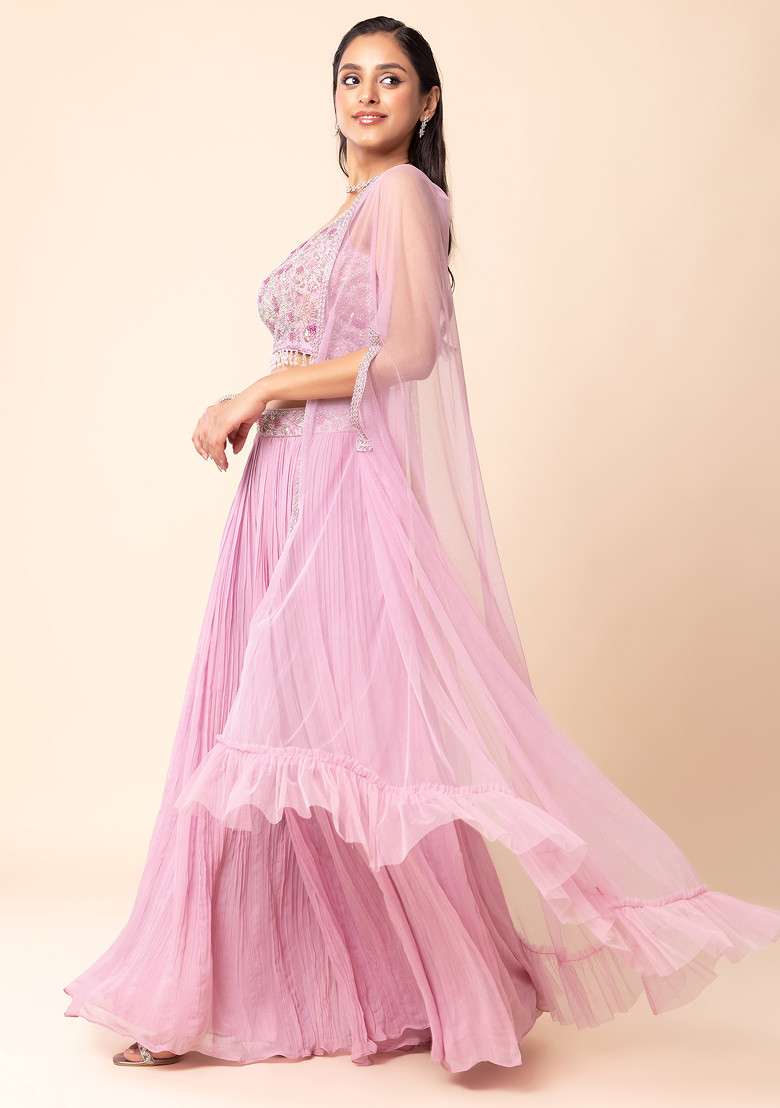 Dull Pink Sharara Set With Pearl Embellished Blouse And Mesh Jacket - Indya