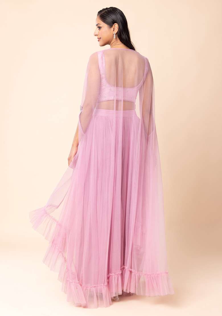Dull Pink Sharara Set With Pearl Embellished Blouse And Mesh Jacket - Indya