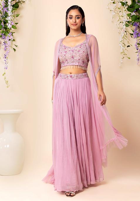 Dull Pink Sharara Set With Pearl Embellished Blouse And Mesh Jacket