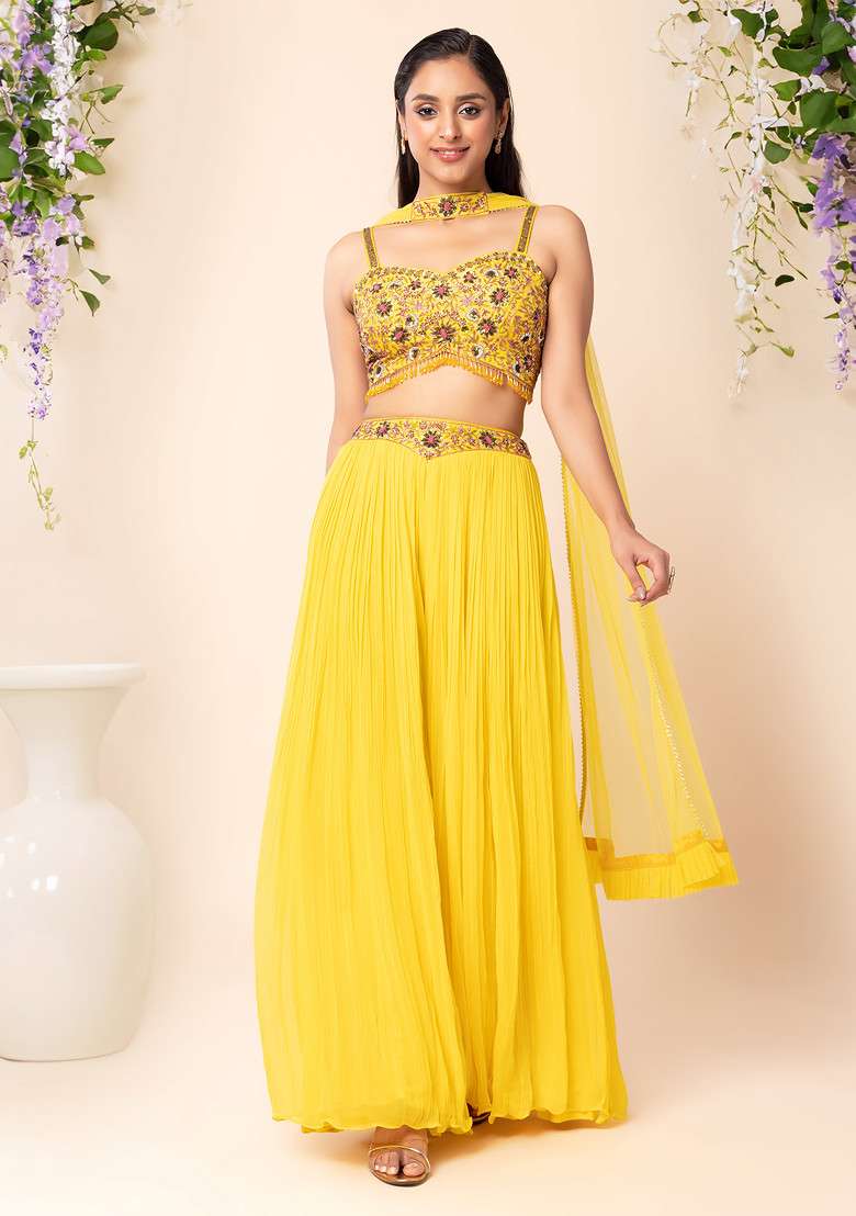 Yellow Sharara Set With Mirror Sequin Embroidered Blouse And Dupatta - Indya
