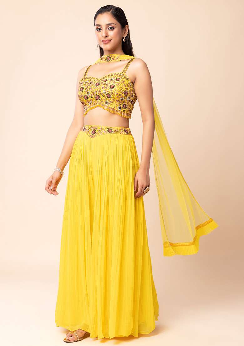 Yellow Sharara Set With Mirror Sequin Embroidered Blouse And Dupatta - Indya