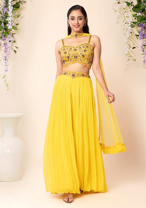 Yellow Sharara Set With Mirror Sequin Embroidered Blouse And Dupatta