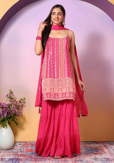 Fuchsia Pink Sharara Set With Bandhani Print Kurta And Dupatta