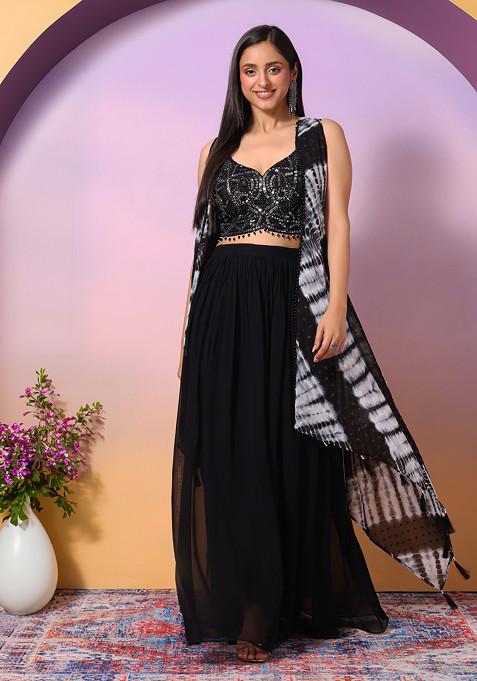 Black Palazzo Set With Mirror Work Blouse And Printed Dupatta