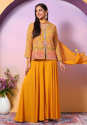 Mustard Floral Print Rayon Kurta Set with Dupatta
