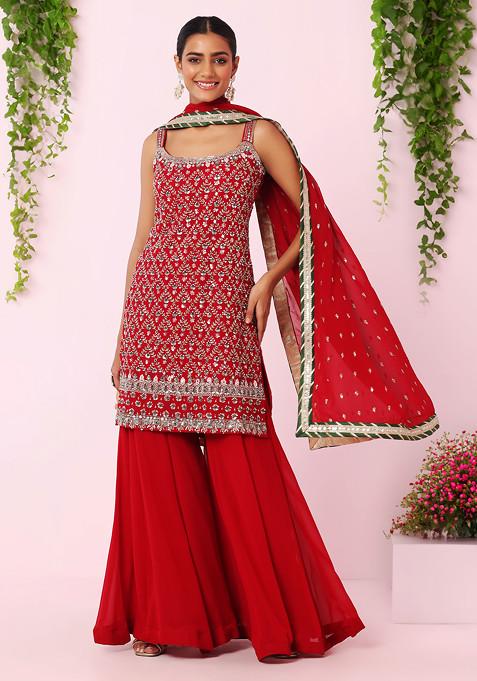 Red Floral Mirror Embroidered Kurta Set With Palazzo And Dupatta