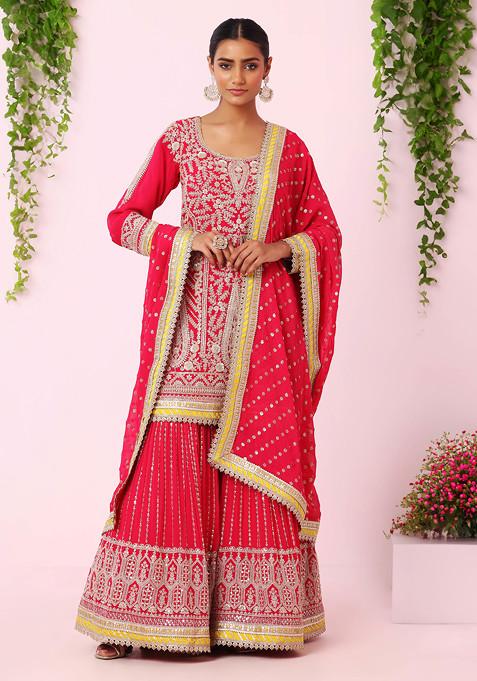 Fuchsia Pink Sequin Zari Embroidered Sharara Set With Embroidered Kurta And Dupatta