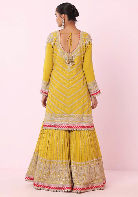 Aqua Blue Zari Embroidered Kurta Set with Flared Jewel inspried sharara