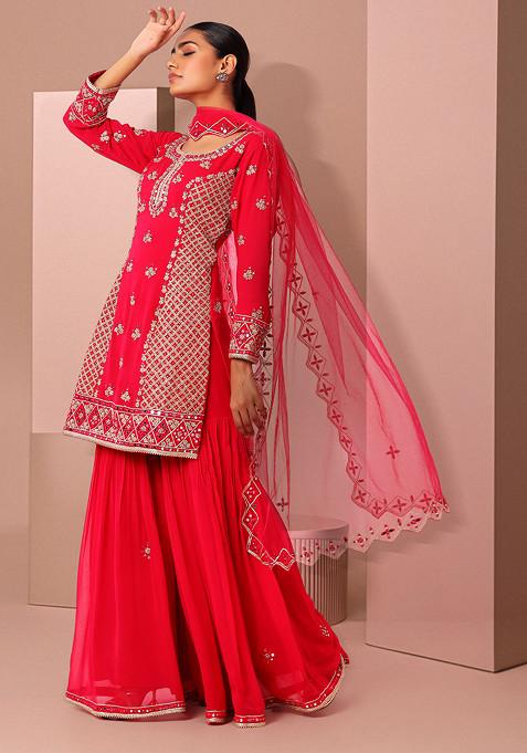 Rani Pink Mirror Embellished Sharara Set With Embroidered Kurta And Dupatta