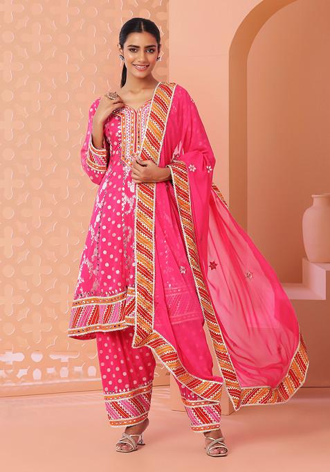 Pink Mirror Embroidered Jacquard Kurta Set With Dhoti Pants And Dupatta