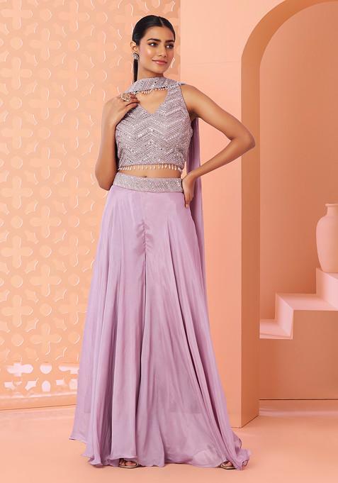 Lavender Palazzo Set With Zari Embroidered Halter Blouse And Dupatta