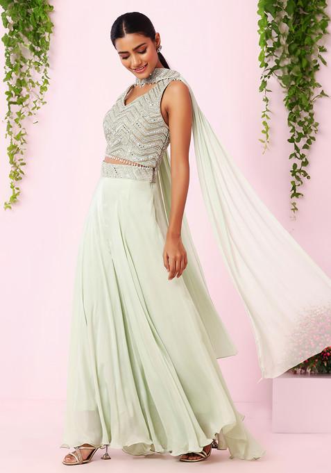 Pastel Green Palazzo Set With Zari Embroidered Halter Blouse And Dupatta