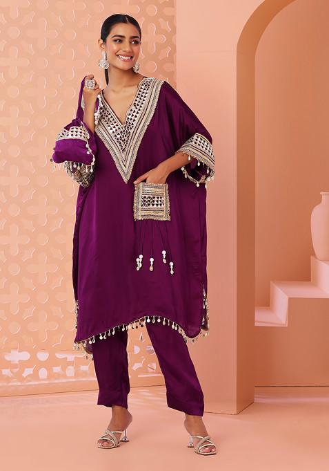 Purple Embellished Satin Kurta And Dhoti Pants Set With Bustier And Potli