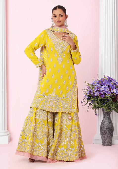 Yellow Mughal Embroidered Sharara Set With Paisley Embroidered Kurta And Dupatta