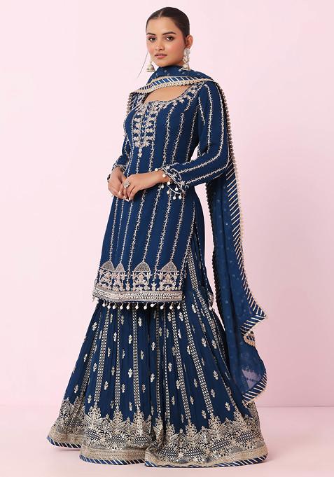 Teal Blue Sequence,Mirror Embroidery Kurta Sharara Set & Net Dupatta main image 0