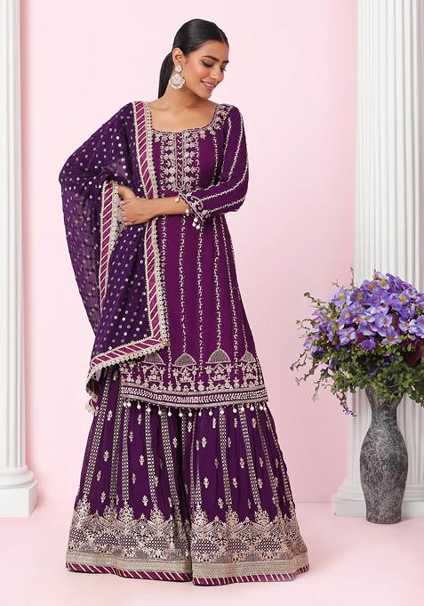 Purple Floral Embroidered Sharara Set With Embroidered Kurta And Dupatta