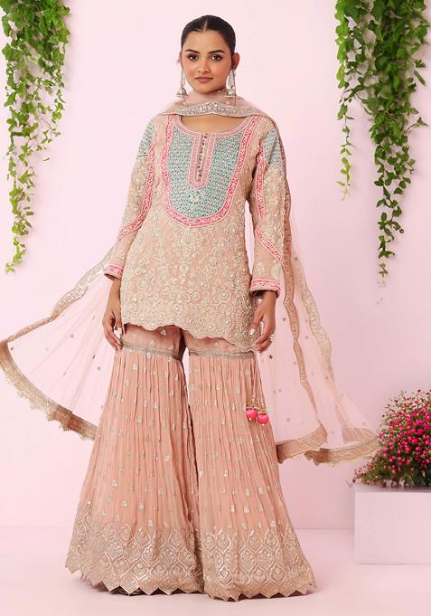 Peach Embroidered Sharara Set With Floral Jaal Embroidered Kurta And Dupatta