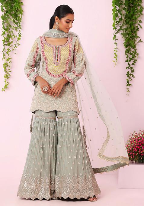 Seafoam Embroidered Sharara Set With Floral Jaal Embroidered Kurta And Dupatta