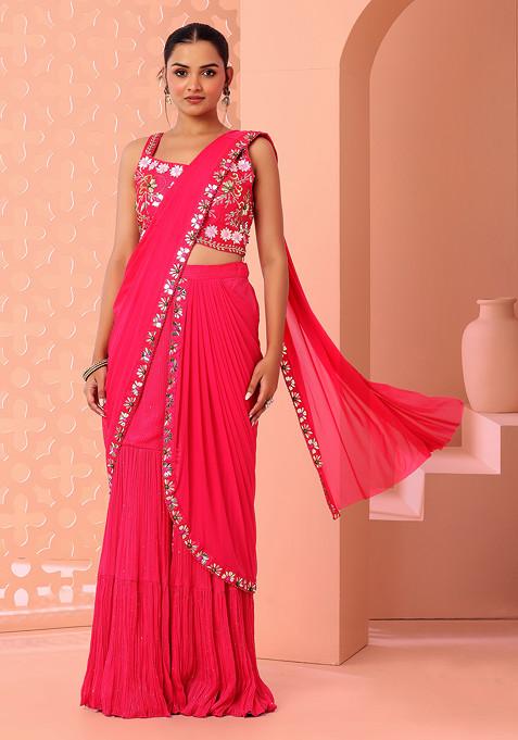 Pink Tiered Sharara Set With Sequin Thread Embroidered Blouse And Attached Dupatta