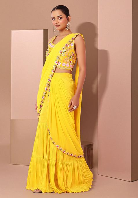 Yellow Tiered Sharara Set With Sequin Thread Embroidered Blouse And Attached Dupatta
