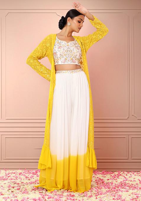 Mustard Floral Embroidered Jacket Set With Ivory Embroidered Blouse And Palazzo