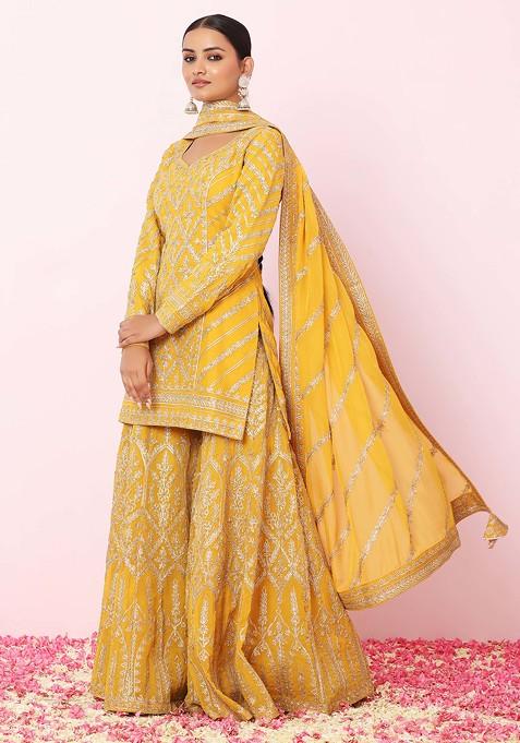 Pre Order: Mustard Embroidered Kurti And Palazzo With Dupatta main image 0