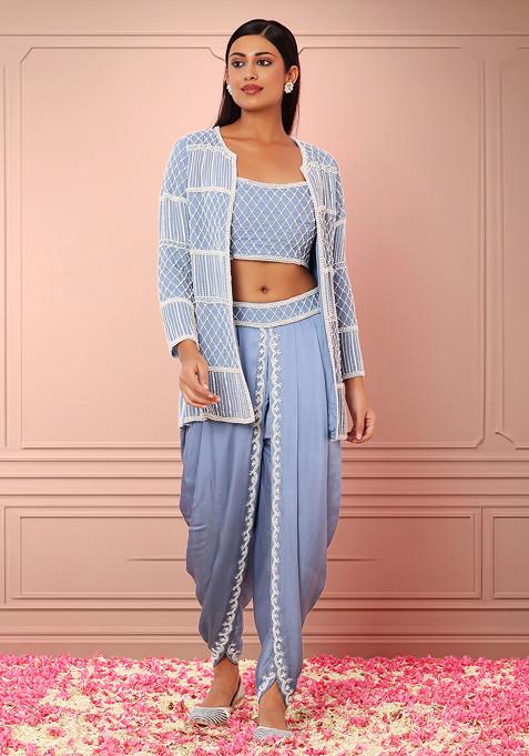 Blue Pearl Embroidered Jacket Set With Embroidered Blouse And Dhoti Pants