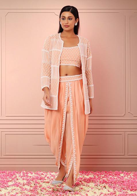 Peach Pearl Embroidered Jacket Set With Embroidered Blouse And Dhoti Pants