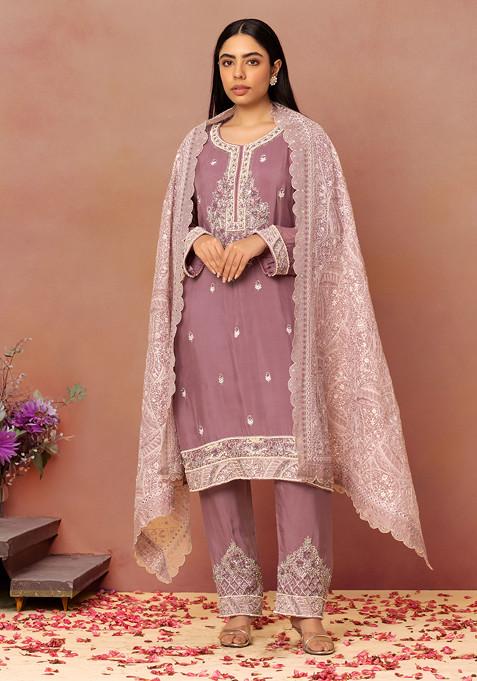 Mauve Floral Sequin Embroidered Kurta Set With Embroidered Palazzo And Dupatta