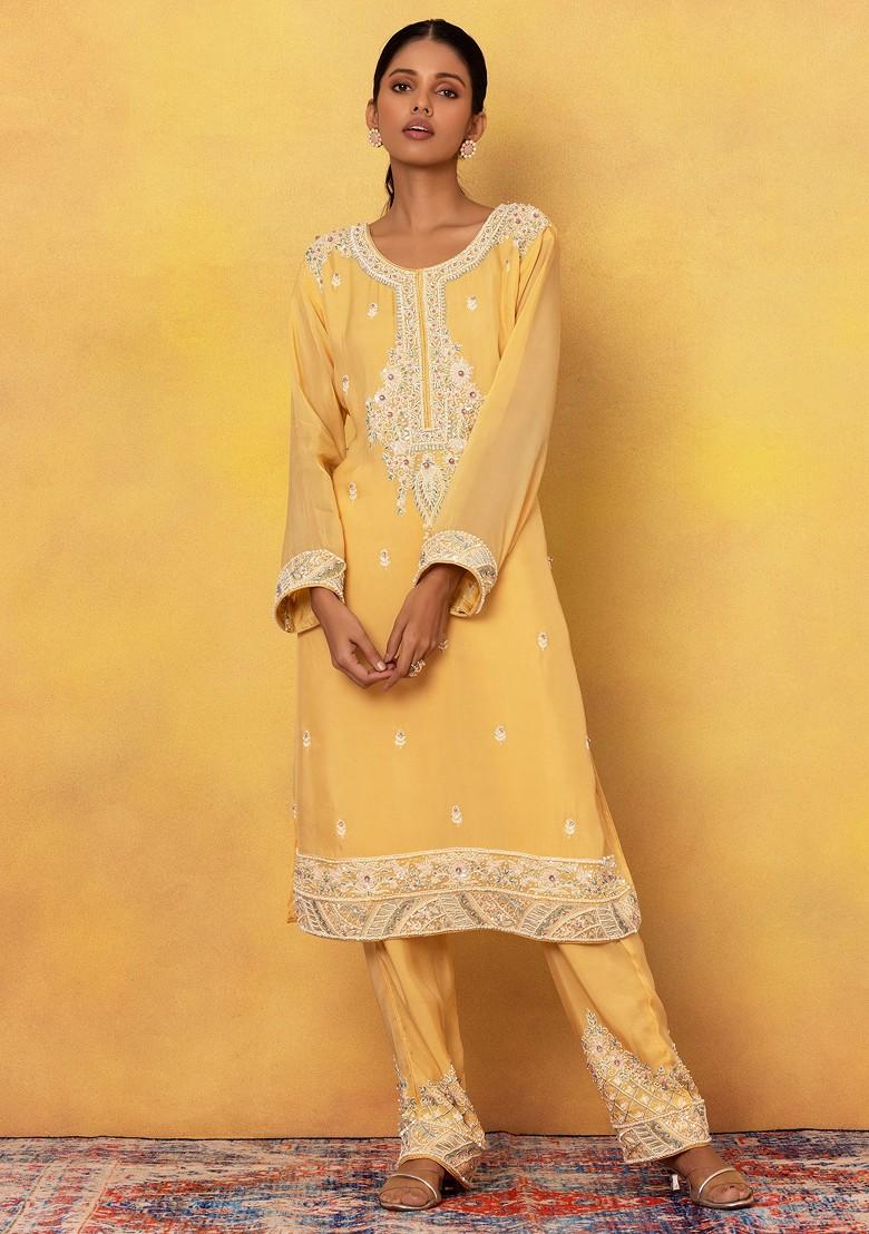 Light Yellow Floral Sequin Embroidered Kurta Set With Embroidered Palazzo And Dupatta - Indya
