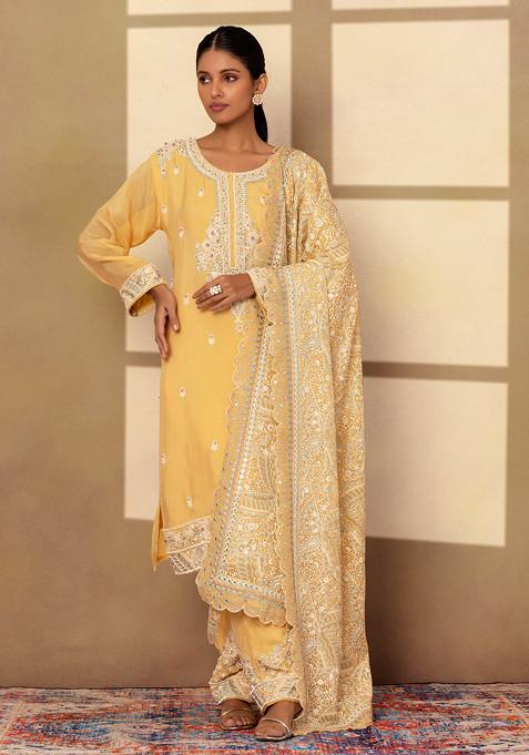 Light Yellow Floral Sequin Embroidered Kurta Set With Embroidered Palazzo And Dupatta
