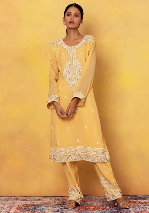 AARFA | Women’s Yellow Black Ethnic Suit Set | Statement Floral Kurta Palazzo Dupatta Set