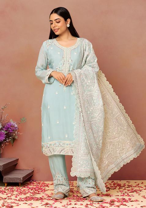 Seafoam Floral Sequin Embroidered Kurta Set With Embroidered Palazzo And Dupatta