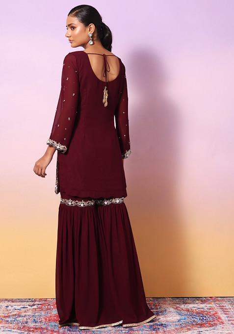 Purple Embroidered Kurta And Sharara With Dupatta