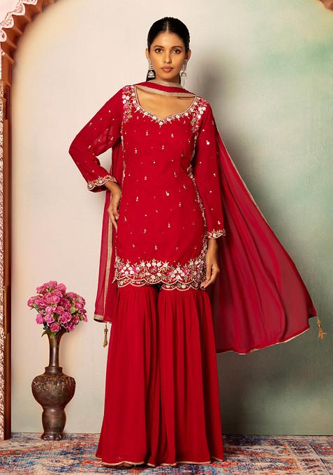 Berry Pink Sharara Set With Sequin Hand Embroidered Kurta And Dupatta