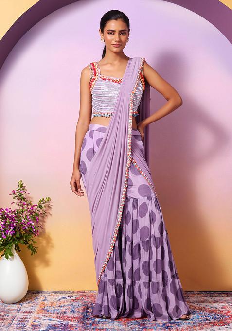 Lavender Polka Dot Sharara Set With Sequin Embellished Blouse And Attached Drape