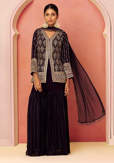 Purple Zari Embroidered Sharara Set With Embroidered Short Kurta And Dupatta