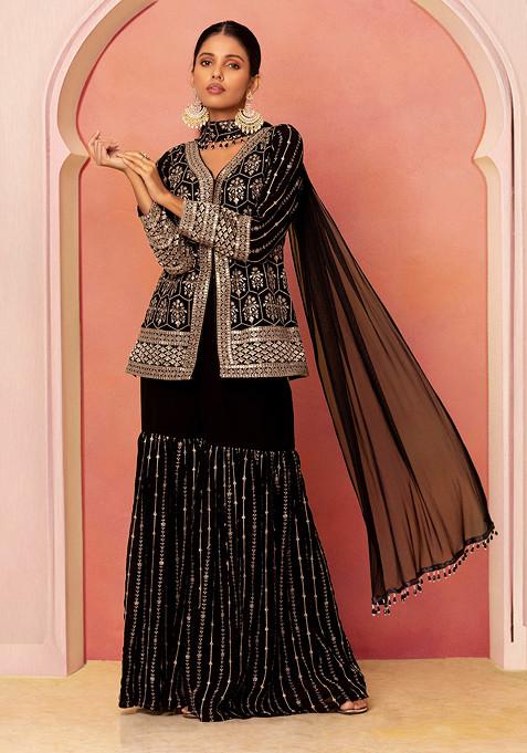 Black Zari Embroidered Sharara Set With Embroidered Short Kurta And Dupatta