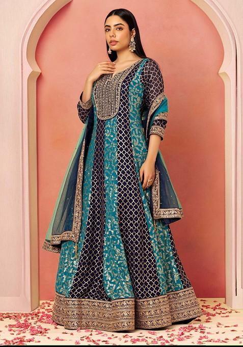 Turquoise Sequin Embroidered Anarkali Gown With Dupatta